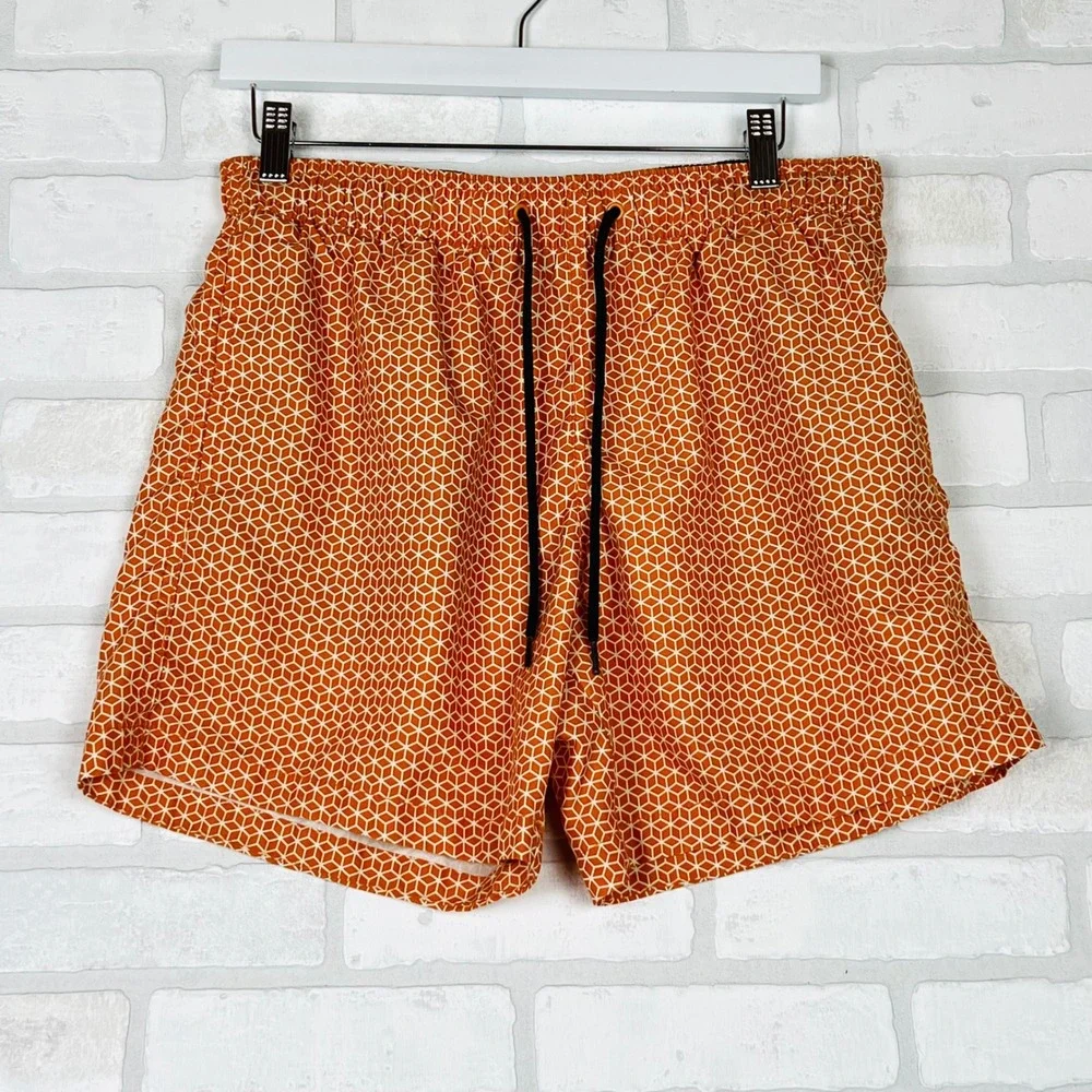 Mens Orange Geometric Honeycomb Cube Print Swim Trunks Elastic Waist Shorts M